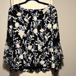 Alfani Black and White Floral Blouse with Blue Accents